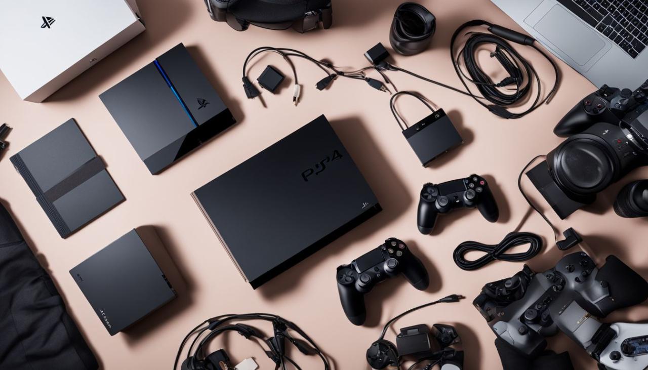 A PS4 console surrounded by gaming accessories and various cables.