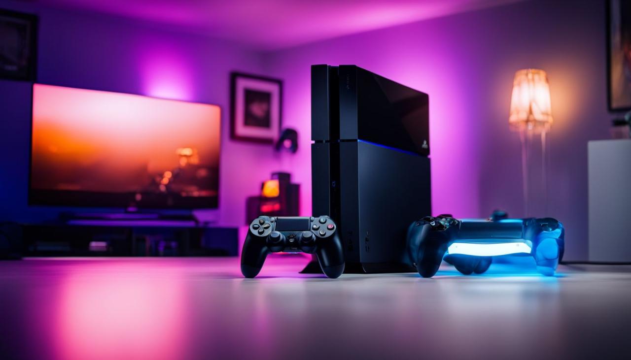 A photo of a PS4 console glowing in a dark room.