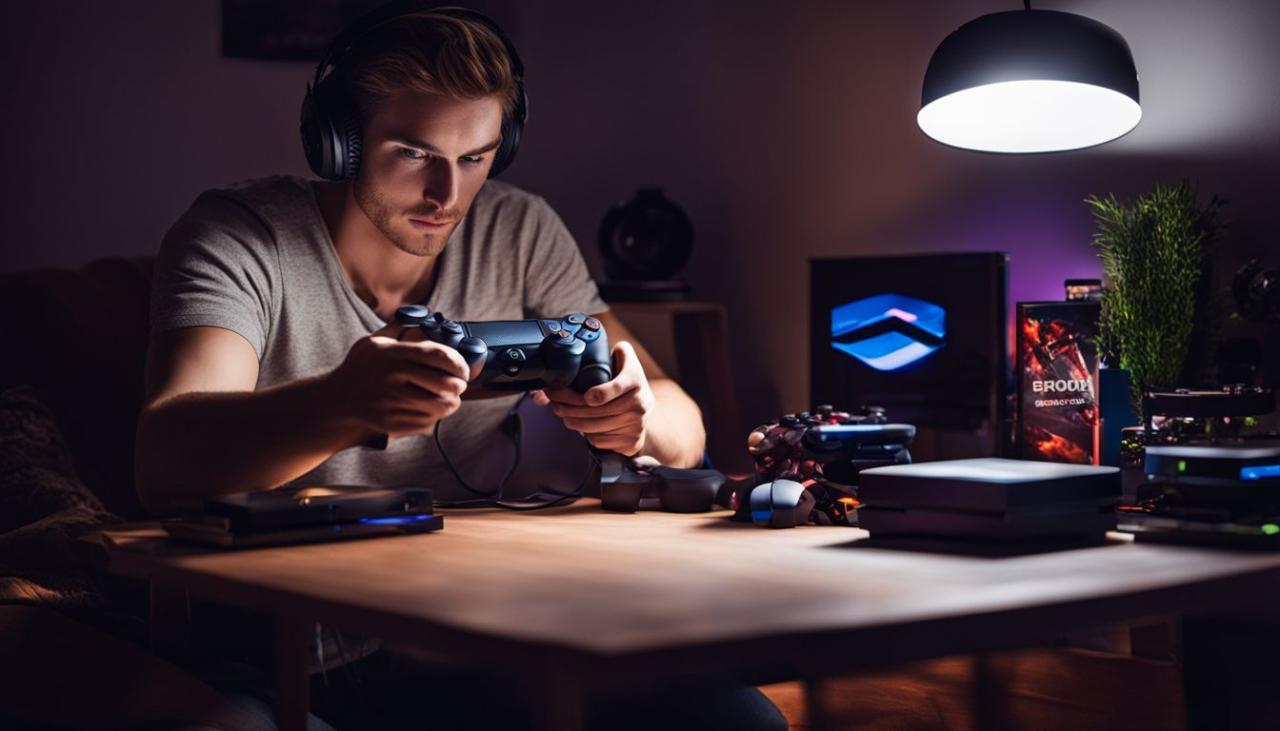 A person enjoying playing PS4 surrounded by gaming accessories.