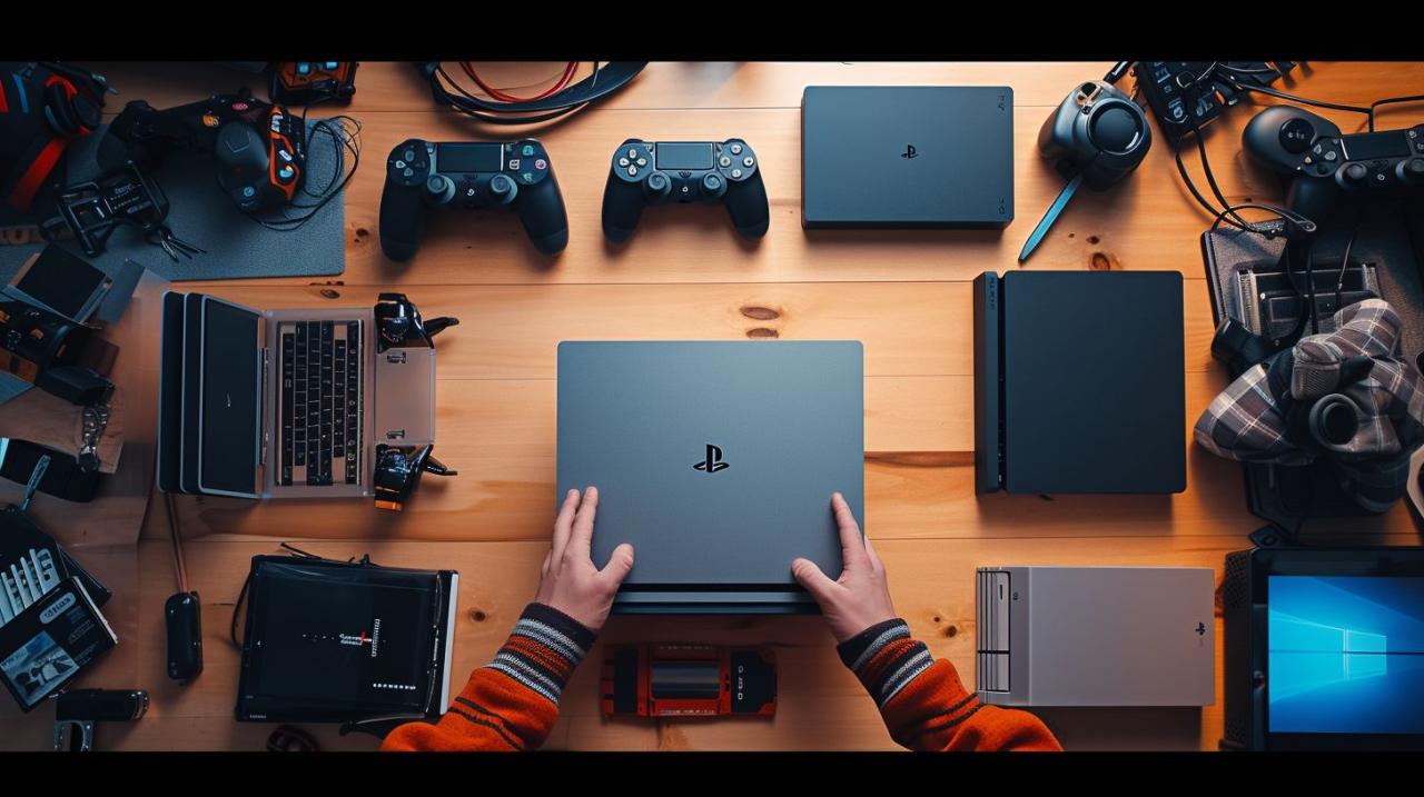 A person adjusting power settings on a PS4 console surrounded by gaming accessories.