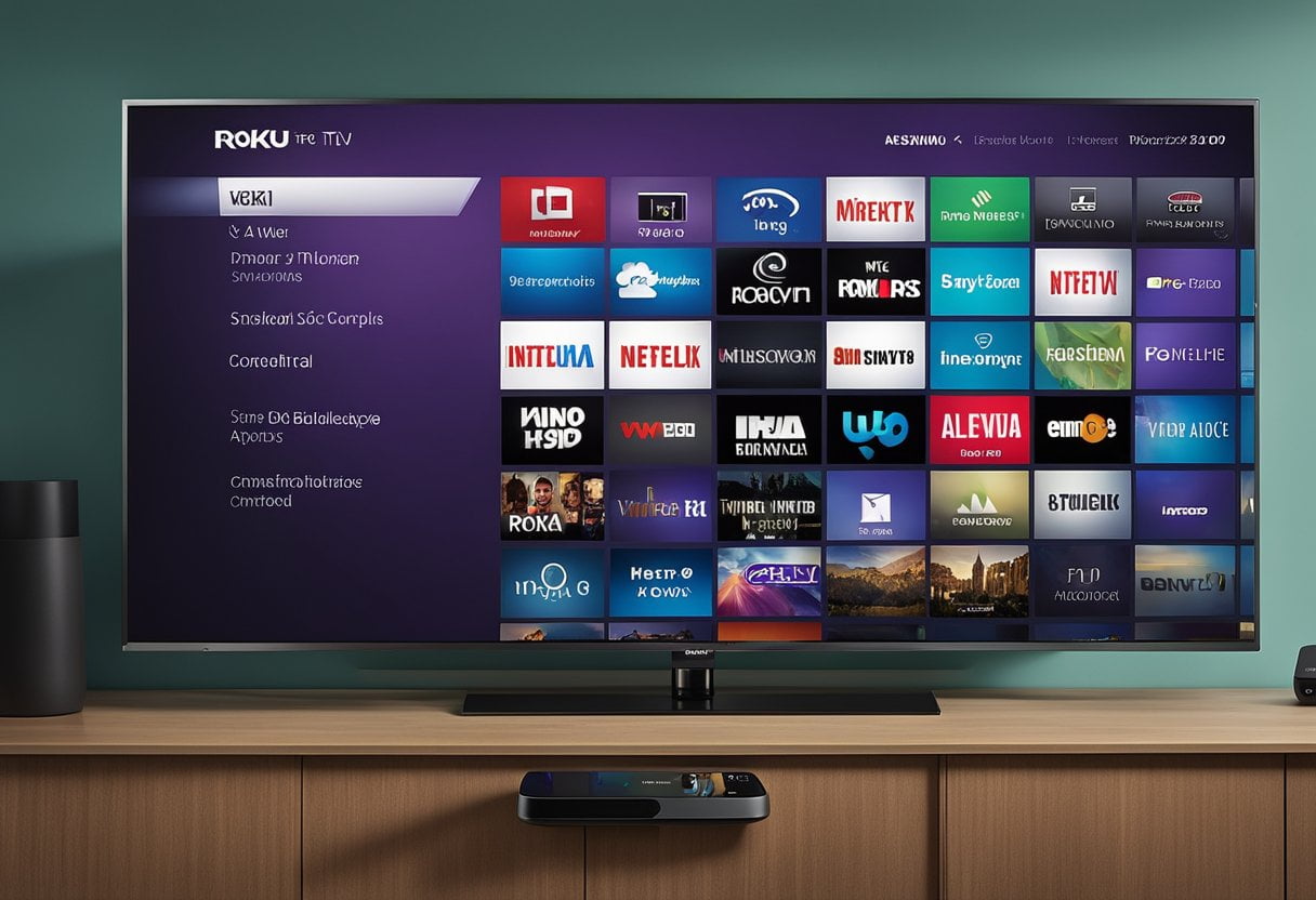 A Roku device and a Samsung Smart TV sit side by side, each displaying a variety of content and apps. The Roku interface appears sleek and user-friendly, while the Samsung Smart TV interface seems more cluttered and complicated