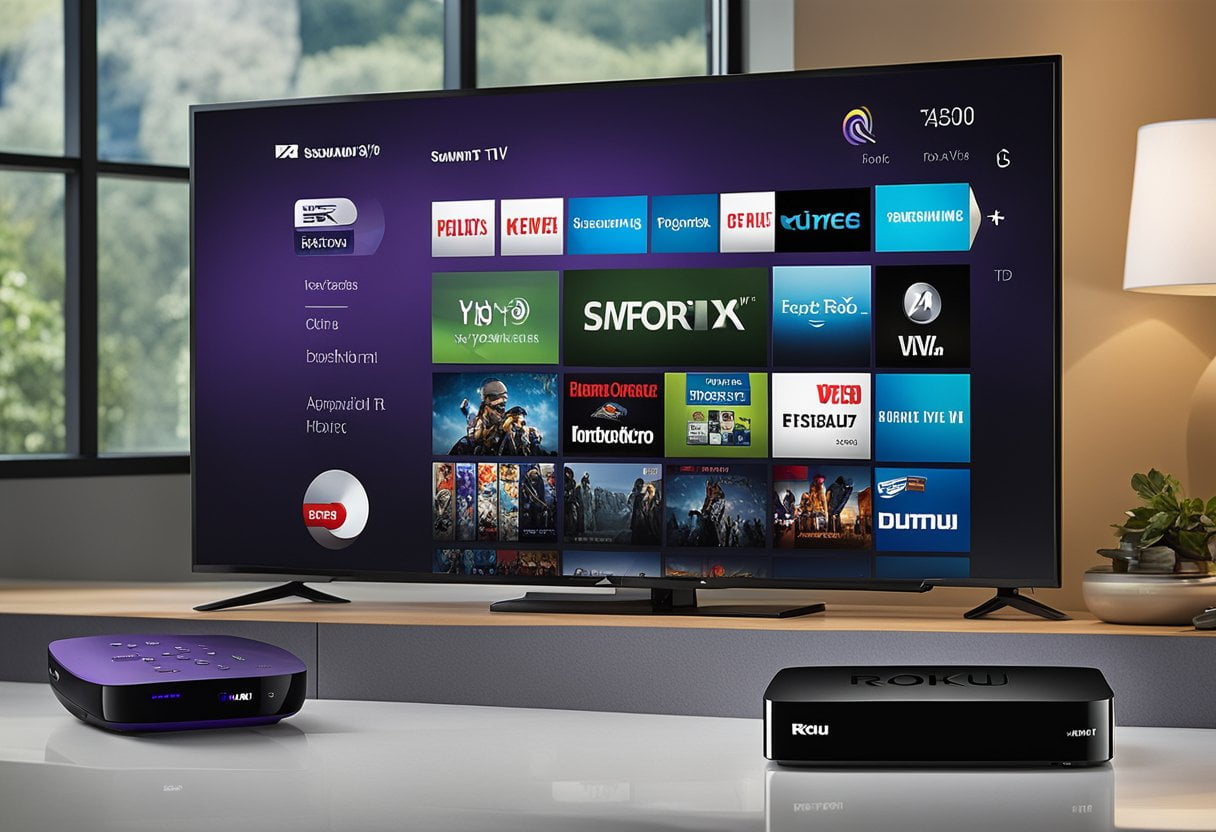 A Roku box sits next to a Samsung Smart TV, both displaying various streaming options. The Roku box is highlighted with a price tag, while the Samsung TV showcases its features and value