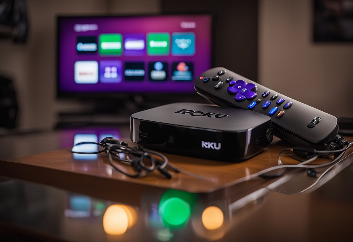 A Roku device sits on a TV stand, surrounded by various remotes and cables. The device is plugged into the TV, with a faint glow indicating it is powered on