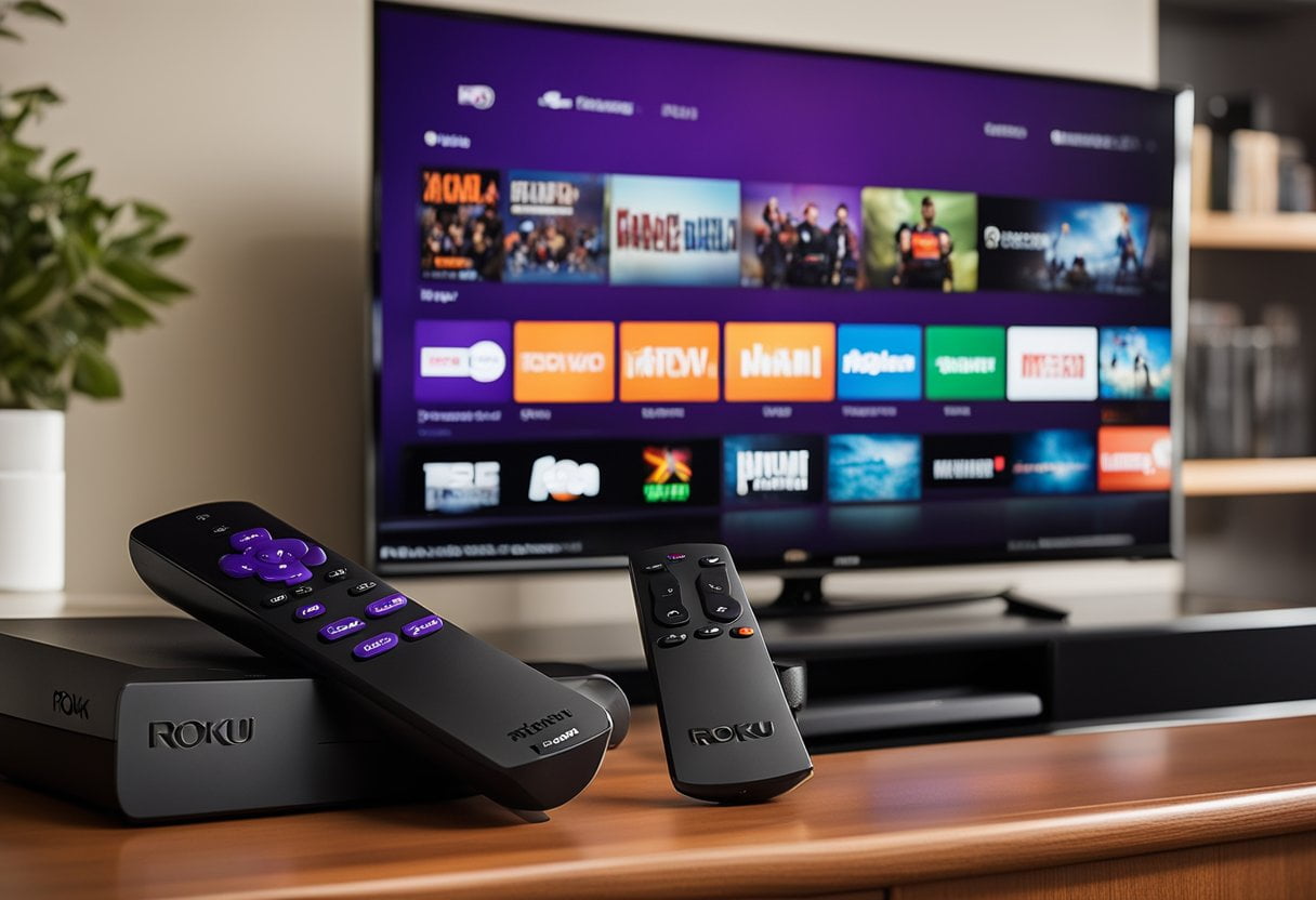 A Roku and Firestick are displayed side by side on a shelf, with a TV in the background showing high-quality content