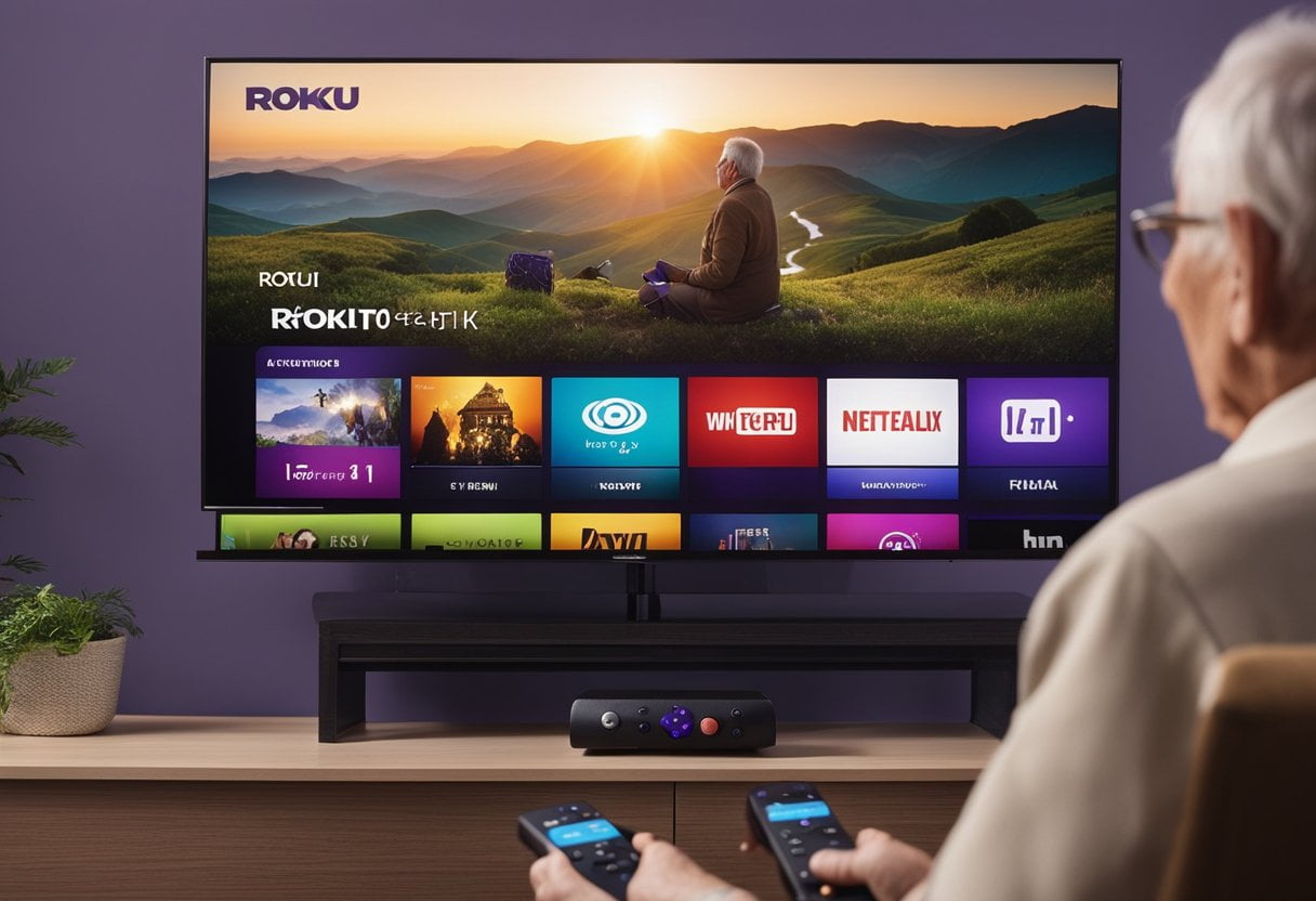 An elderly person easily navigates Roku's user-friendly interface, adjusting settings and customizing their streaming experience with ease